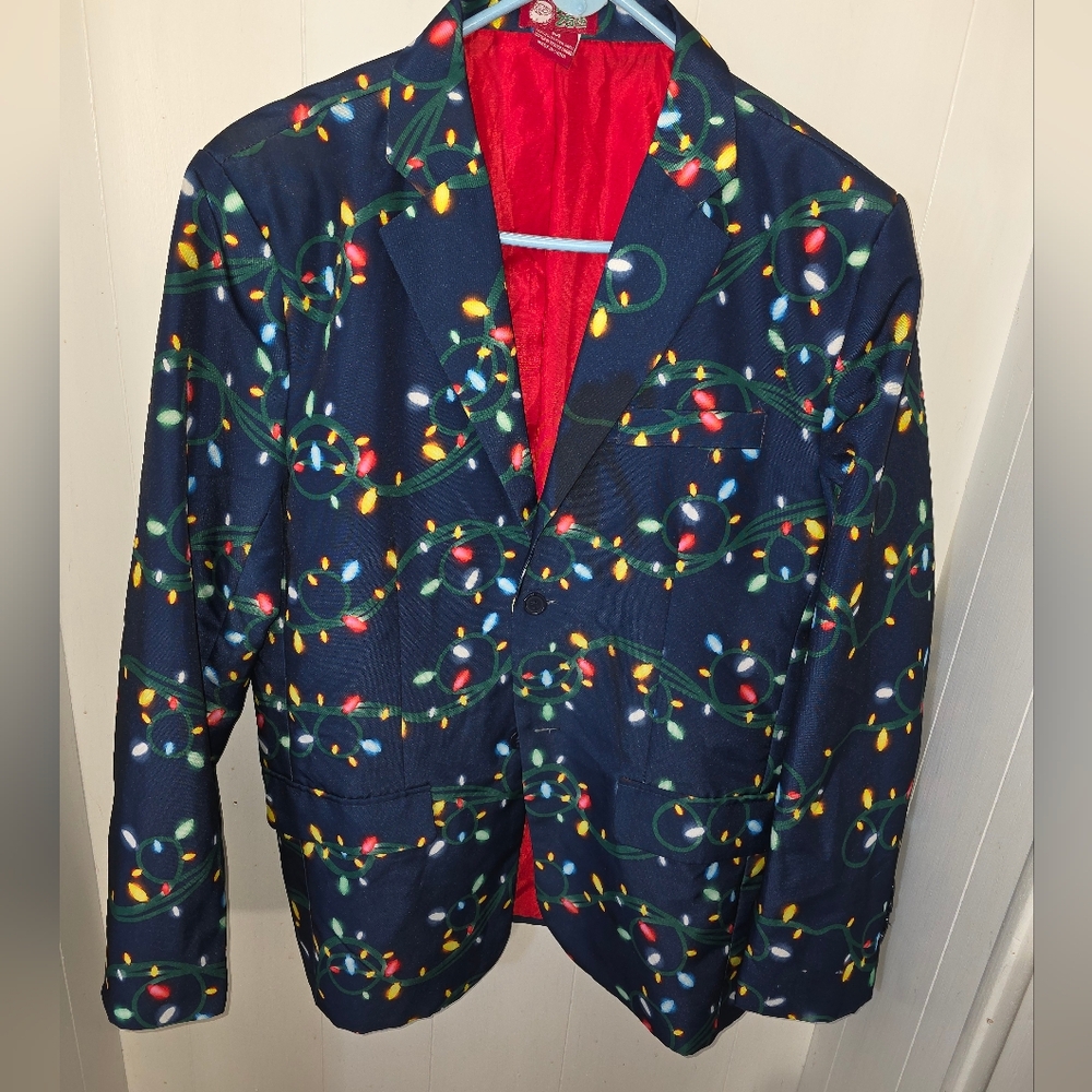Mens Festive Multicolor Blazer Medium Blue W/ Christmas Lights Ugly Sweater